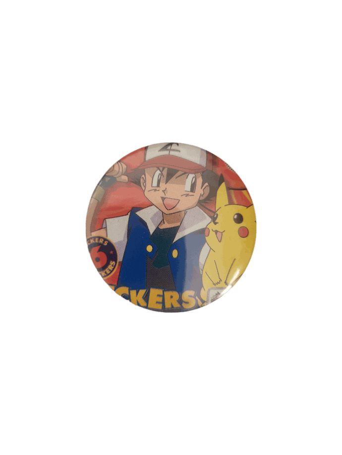 Badge Pokémon SACHA et PIKACHU illustration booster stickers Merlin de 1999